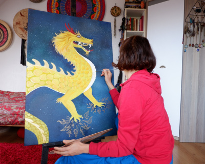 Kosmiczny Smok, 100x70cm, olej, tusz na płótnie, 2020.