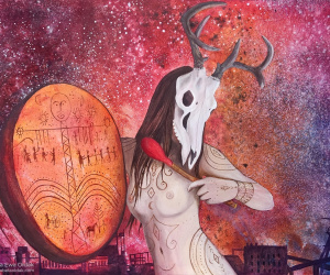 Ta która widzi poprzez śmierć, 70x100cm, olej, akwarela na płótnie, 2021.